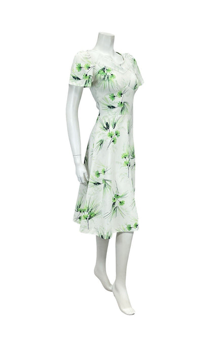 VTG 60S WHITE GREEN FLORAL GRASS SWEETHEART A LINE ROCKABILLY SWING DRESS 8