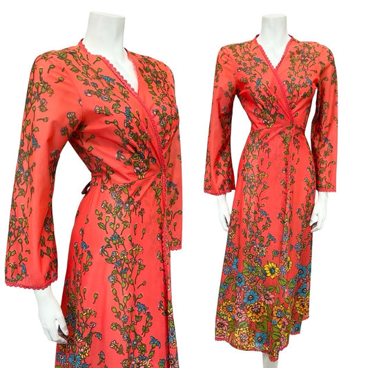 VTG 70S PINK BLUE GREEN YELLOW SCALLOP LACE FLORAL WRAP DRESS NIGHT ROBE 8