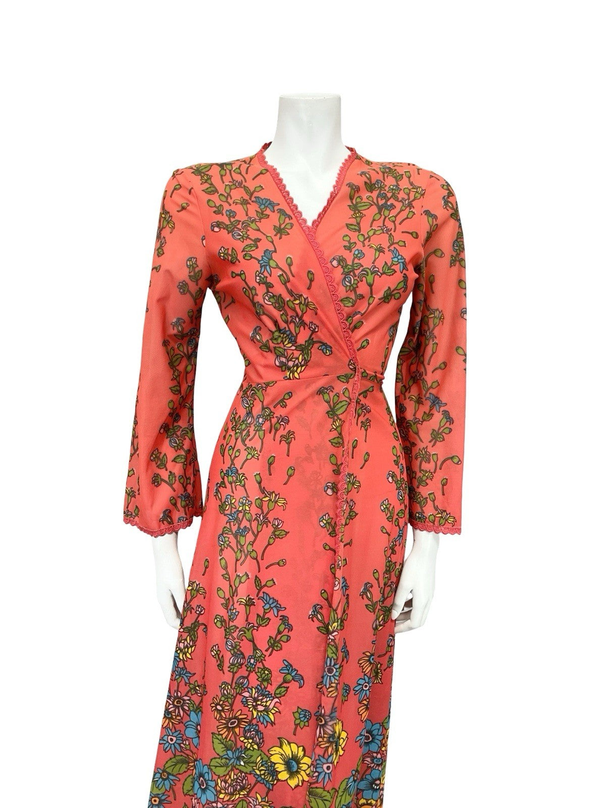 VTG 70S PINK BLUE GREEN YELLOW SCALLOP LACE FLORAL WRAP DRESS NIGHT ROBE 8