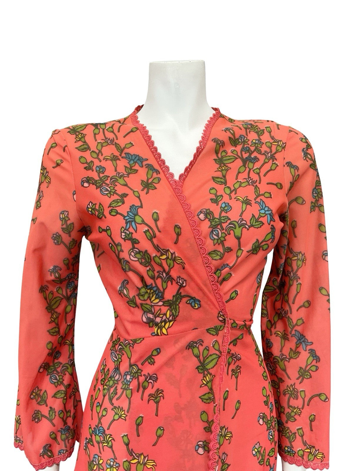 VTG 70S PINK BLUE GREEN YELLOW SCALLOP LACE FLORAL WRAP DRESS NIGHT ROBE 8