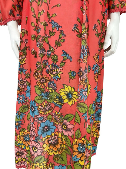 VTG 70S PINK BLUE GREEN YELLOW SCALLOP LACE FLORAL WRAP DRESS NIGHT ROBE 8