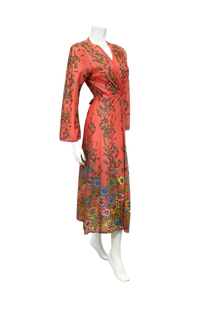 VTG 70S PINK BLUE GREEN YELLOW SCALLOP LACE FLORAL WRAP DRESS NIGHT ROBE 8