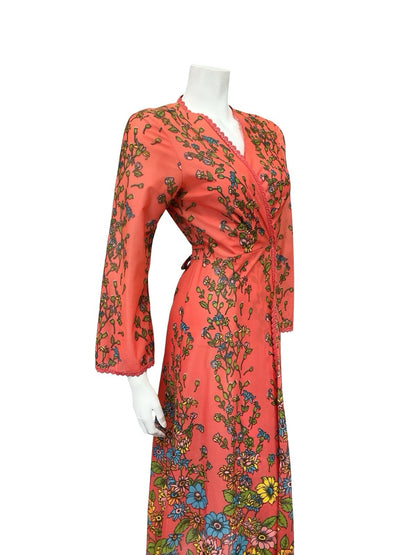 VTG 70S PINK BLUE GREEN YELLOW SCALLOP LACE FLORAL WRAP DRESS NIGHT ROBE 8