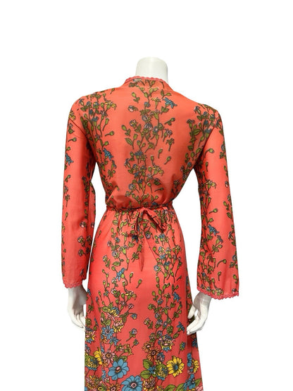 VTG 70S PINK BLUE GREEN YELLOW SCALLOP LACE FLORAL WRAP DRESS NIGHT ROBE 8