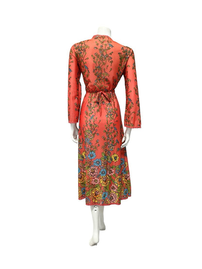 VTG 70S PINK BLUE GREEN YELLOW SCALLOP LACE FLORAL WRAP DRESS NIGHT ROBE 8
