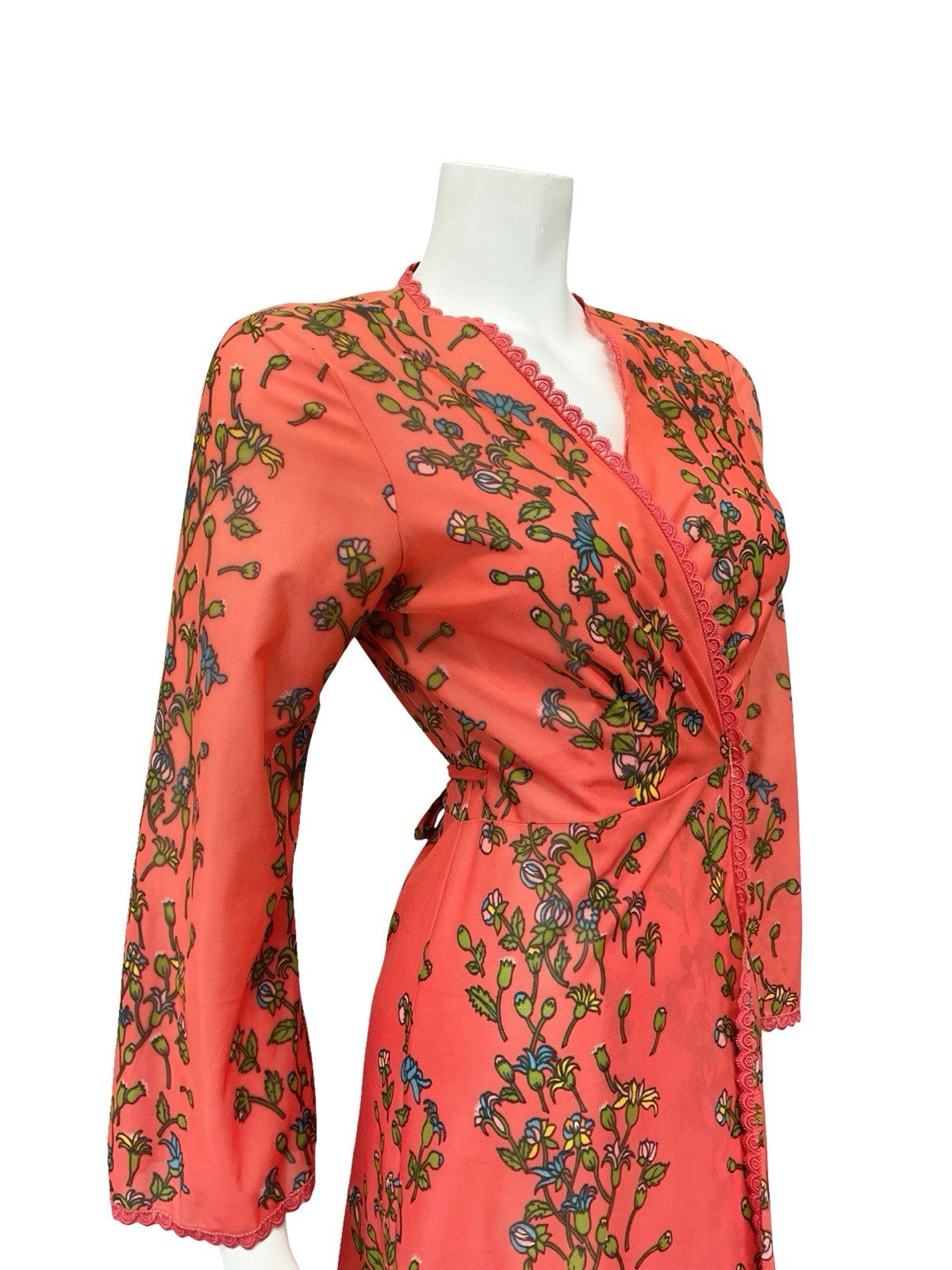 VTG 70S PINK BLUE GREEN YELLOW SCALLOP LACE FLORAL WRAP DRESS NIGHT ROBE 8