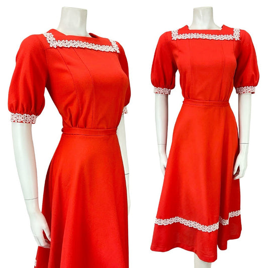 VTG 70S BRIGHT RED WHITE FLORAL LACE PUFF SLEEVE COTTAGE A LINE DRESS 8 10 S