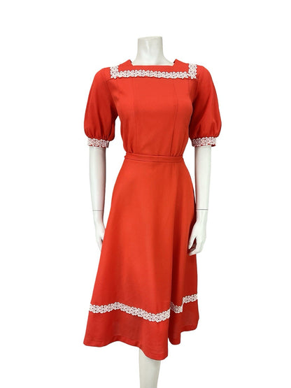 VTG 70S BRIGHT RED WHITE FLORAL LACE PUFF SLEEVE COTTAGE A LINE DRESS 8 10 S