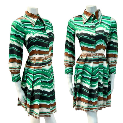 VTG 60S 70S GREEN BROWN BLACK CREAM MOD DAGGER GEOMETRIC ZIG ZAG SHIRT DRESS 8