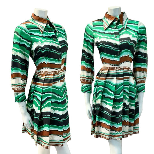 VTG 60S 70S GREEN BROWN BLACK CREAM MOD DAGGER GEOMETRIC ZIG ZAG SHIRT DRESS 8