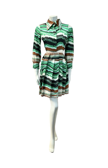 VTG 60S 70S GREEN BROWN BLACK CREAM MOD DAGGER GEOMETRIC ZIG ZAG SHIRT DRESS 8