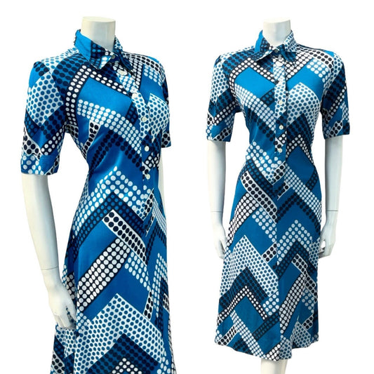 VTG 60S 70S BLUE WHITE GEOMETRIC ZIG ZAG DOT DAGGER SHIRT MIDI DRESS 12