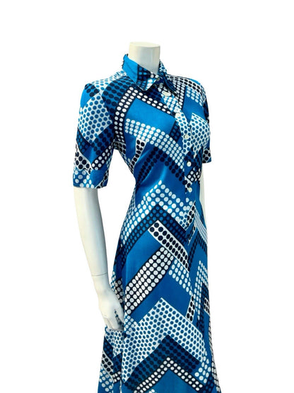 VTG 60S 70S BLUE WHITE GEOMETRIC ZIG ZAG DOT DAGGER SHIRT MIDI DRESS 12