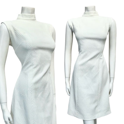 VTG 60S MOD GOGO PURE WHITE MONOCHROME FUNNEL NECK MINI WIGGLE DRESS 14