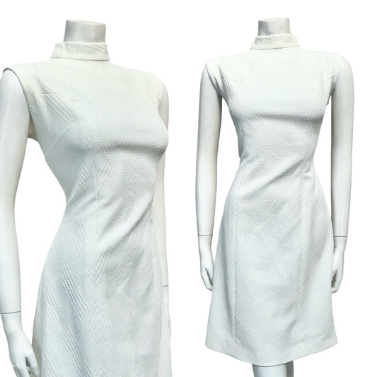 VTG 60S MOD GOGO PURE WHITE MONOCHROME FUNNEL NECK MINI WIGGLE DRESS 14