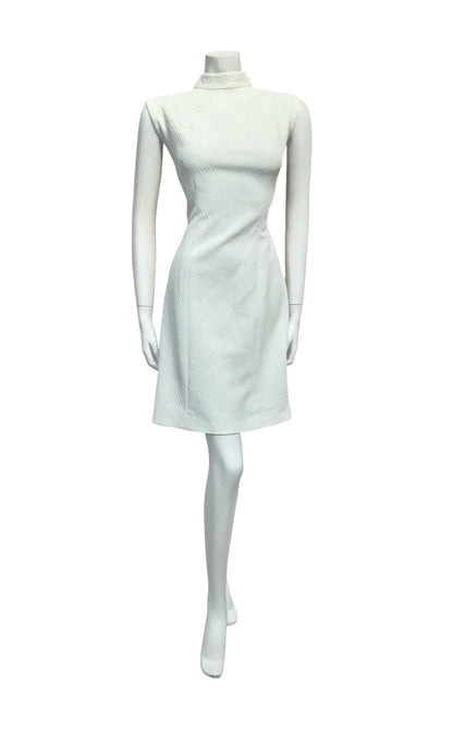VTG 60S MOD GOGO PURE WHITE MONOCHROME FUNNEL NECK MINI WIGGLE DRESS 14