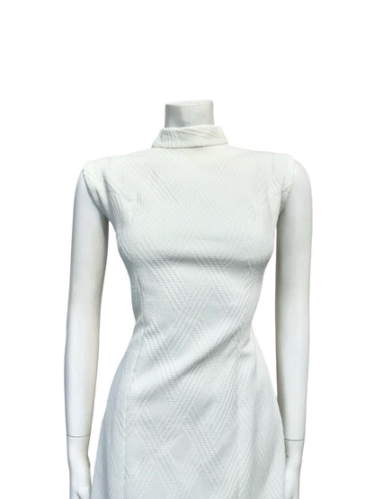 VTG 60S MOD GOGO PURE WHITE MONOCHROME FUNNEL NECK MINI WIGGLE DRESS 14