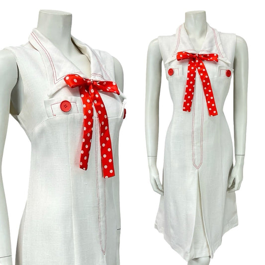 VTG 60S 70S WHITE RED POLKA DOT BOW CONTRAST STITCH DAGGER MOD SHIRT DRESS 14