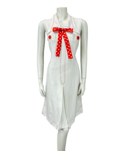 VTG 60S 70S WHITE RED POLKA DOT BOW CONTRAST STITCH DAGGER MOD SHIRT DRESS 14