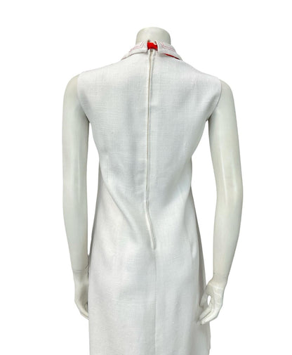 VTG 60S 70S WHITE RED POLKA DOT BOW CONTRAST STITCH DAGGER MOD SHIRT DRESS 14
