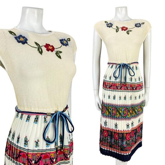 VTG 60S 70S BEIGE RED BLUE HIPPY FOLK FLORAL KNIT TIE WAIST PLEATED DRESS 10