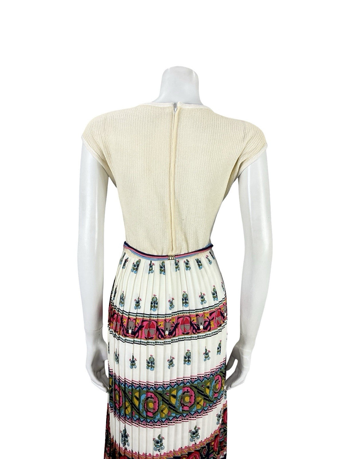 VTG 60S 70S BEIGE RED BLUE HIPPY FOLK FLORAL KNIT TIE WAIST PLEATED DRESS 10