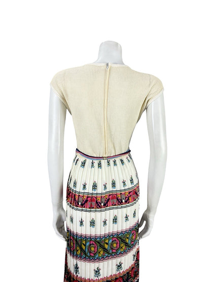 VTG 60S 70S BEIGE RED BLUE HIPPY FOLK FLORAL KNIT TIE WAIST PLEATED DRESS 10