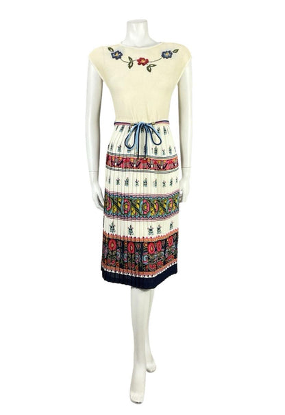 VTG 60S 70S BEIGE RED BLUE HIPPY FOLK FLORAL KNIT TIE WAIST PLEATED DRESS 10