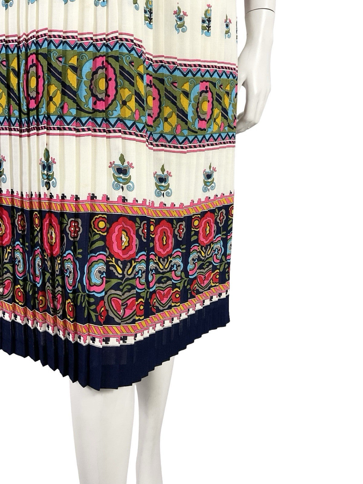 VTG 60S 70S BEIGE RED BLUE HIPPY FOLK FLORAL KNIT TIE WAIST PLEATED DRESS 10