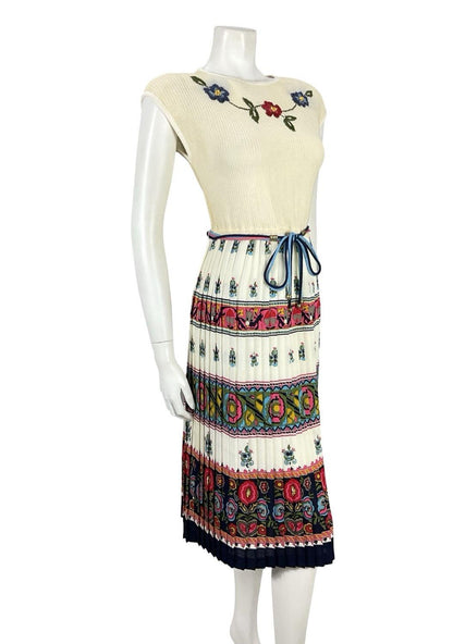 VTG 60S 70S BEIGE RED BLUE HIPPY FOLK FLORAL KNIT TIE WAIST PLEATED DRESS 10