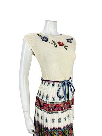VTG 60S 70S BEIGE RED BLUE HIPPY FOLK FLORAL KNIT TIE WAIST PLEATED DRESS 10