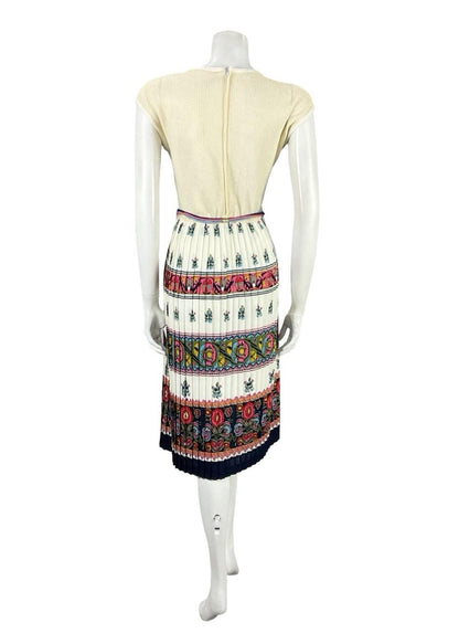 VTG 60S 70S BEIGE RED BLUE HIPPY FOLK FLORAL KNIT TIE WAIST PLEATED DRESS 10