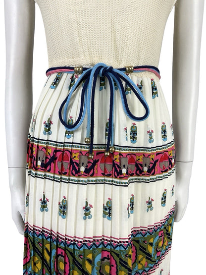 VTG 60S 70S BEIGE RED BLUE HIPPY FOLK FLORAL KNIT TIE WAIST PLEATED DRESS 10