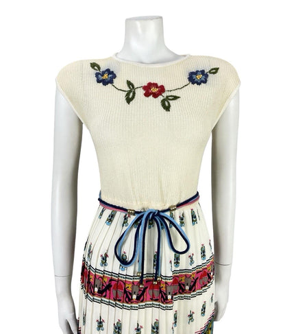 VTG 60S 70S BEIGE RED BLUE HIPPY FOLK FLORAL KNIT TIE WAIST PLEATED DRESS 10