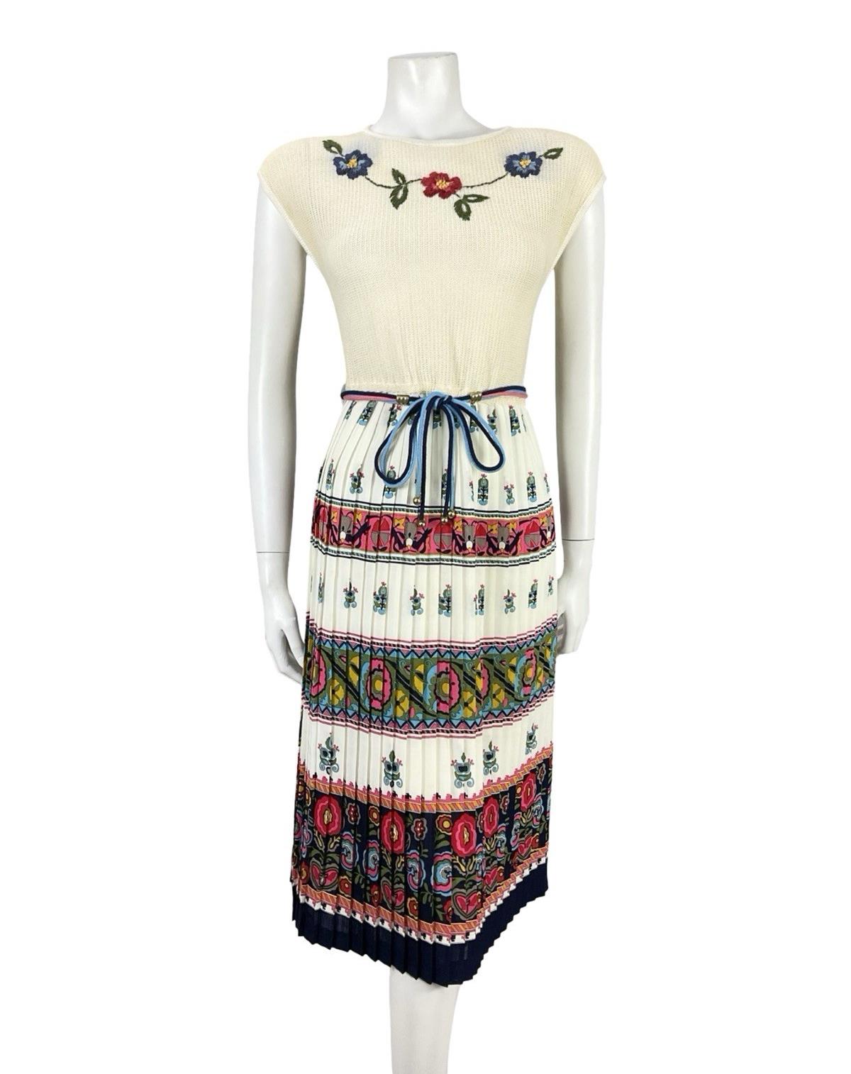 VTG 60S 70S BEIGE RED BLUE HIPPY FOLK FLORAL KNIT TIE WAIST PLEATED DRESS 10