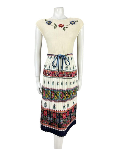 VTG 60S 70S BEIGE RED BLUE HIPPY FOLK FLORAL KNIT TIE WAIST PLEATED DRESS 10