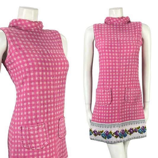 VTG 60S PINK GREY MOD GOGO GEOMETRIC FLORAL TOWELLING SHIFT DRESS 8