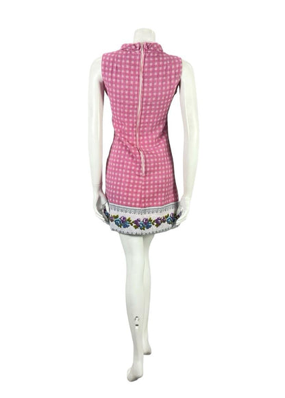 VTG 60S PINK GREY MOD GOGO GEOMETRIC FLORAL TOWELLING SHIFT DRESS 8