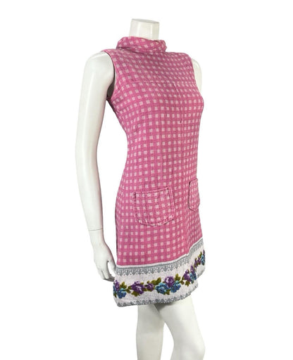 VTG 60S PINK GREY MOD GOGO GEOMETRIC FLORAL TOWELLING SHIFT DRESS 8