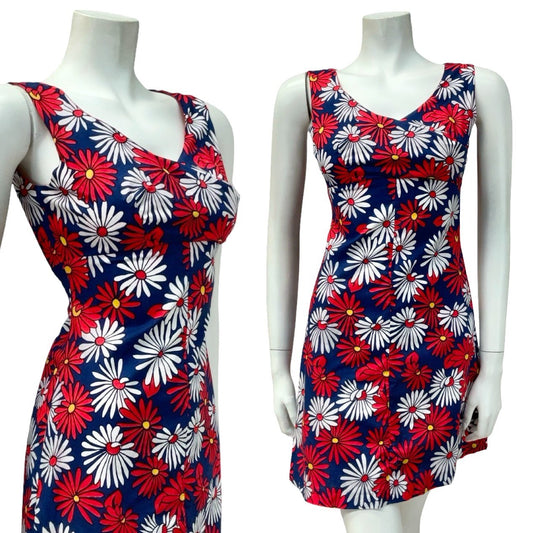 VTG 60S 70S RED WHITE BLUE DAISY FLORAL EMPIRE MOD GOGO MINI DRESS XS 6