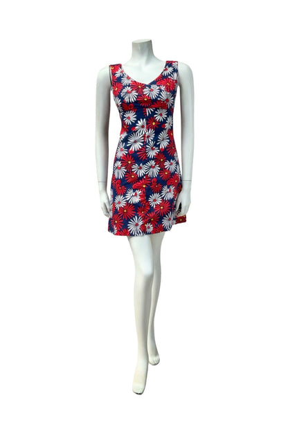 VTG 60S 70S RED WHITE BLUE DAISY FLORAL EMPIRE MOD GOGO MINI DRESS XS 6