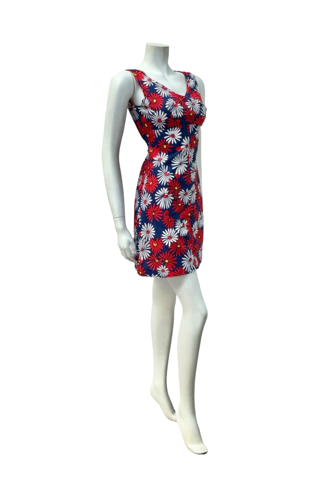 VTG 60S 70S RED WHITE BLUE DAISY FLORAL EMPIRE MOD GOGO MINI DRESS XS 6