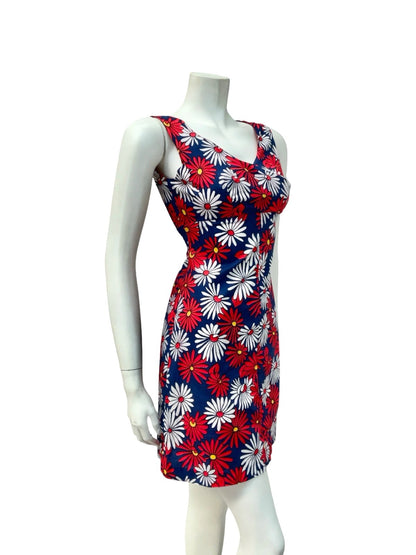 VTG 60S 70S RED WHITE BLUE DAISY FLORAL EMPIRE MOD GOGO MINI DRESS XS 6