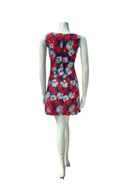 VTG 60S 70S RED WHITE BLUE DAISY FLORAL EMPIRE MOD GOGO MINI DRESS XS 6