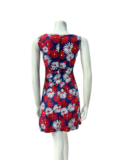 VTG 60S 70S RED WHITE BLUE DAISY FLORAL EMPIRE MOD GOGO MINI DRESS XS 6