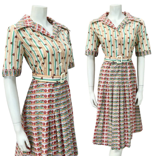 VTG 70S PURPLE YELLOW RED WHITE STRIPED FLORAL DAGGER BELTE SHIRT DRESS 12 14