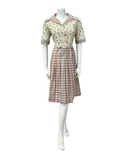 VTG 70S PURPLE YELLOW RED WHITE STRIPED FLORAL DAGGER BELTE SHIRT DRESS 12 14