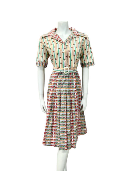 VTG 70S PURPLE YELLOW RED WHITE STRIPED FLORAL DAGGER BELTE SHIRT DRESS 12 14