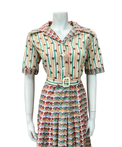 VTG 70S PURPLE YELLOW RED WHITE STRIPED FLORAL DAGGER BELTE SHIRT DRESS 12 14