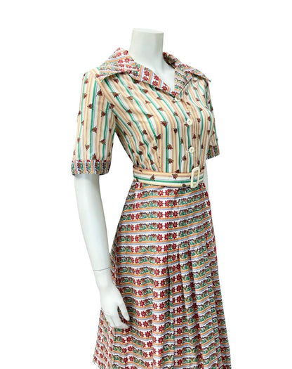VTG 70S PURPLE YELLOW RED WHITE STRIPED FLORAL DAGGER BELTE SHIRT DRESS 12 14
